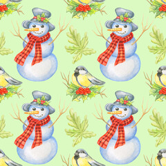 Watercolor seamless  holiday pattern with snowman,titmouse and tree branch on light green.Good for  wrapping paper and package design.