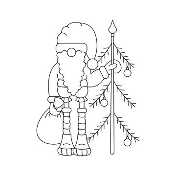 Santa Claus with a Christmas tree and a bag of Christmas presents, black and white outlined vector illustration in cartoon style  