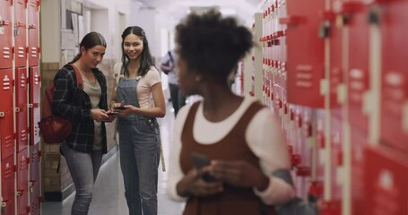 Anxiety, sad and cyber bullying by school students to a young African teen girl at break or lunch time on internet. Depression, mental health and gossip spread online via social media in college - Powered by Adobe
