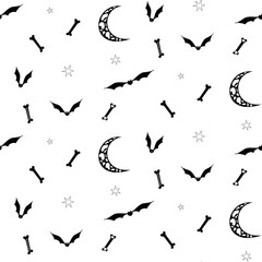 Seamless vector background for Halloween. Bones, moon, stars and bats on a white background.