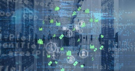 Animation of globe of financial icons, profile icons and data processing over server room - Powered by Adobe