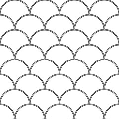 Fish scale wallpaper. Asian traditional ornament with repeated scallops. Repeated black curves on white background. Seamless surface pattern design with semicircles. Grid motif. Digital paper. Vector. © funkyplayer