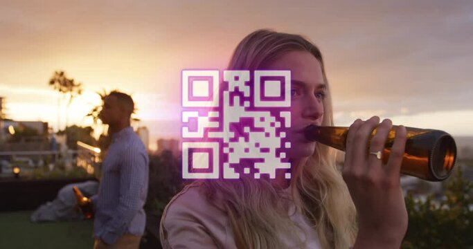 Animation of neon qr code scanner over caucasian woman drinking beer at a rooftop party