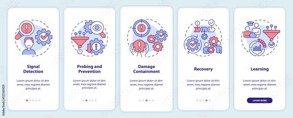 Poster model for crisis management onboarding mobile app screen. walkthrough 5 steps editable graphic instr