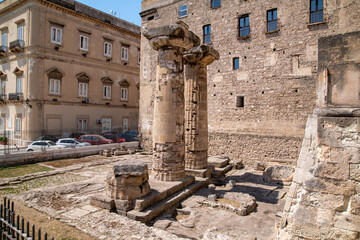 Apulia, Italy. View of Taranto archeological excavations, roman columns. Portual cities of Apulia....