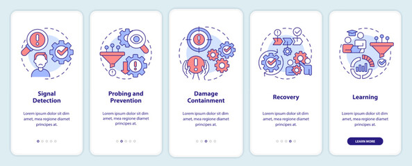 Model for crisis management onboarding mobile app screen. Walkthrough 5 steps editable graphic instructions with linear concepts. UI, UX, GUI template. Myriad Pro-Bold, Regular fonts used