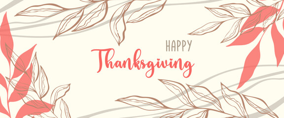 Obraz premium Happy Thanksgiving. Greeting card banner with doodle flowers and twigs.