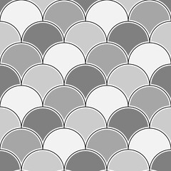 Obraz premium Fish scale wallpaper. Asian traditional ornament with repeated scallops. Repeated white curves on black background. Seamless surface pattern design with semicircles. Grid motif. Digital paper. Vector.