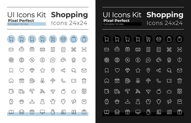 Shopping pixel perfect linear ui icons set for dark, light mode. Retail shop. Outline isolated user interface elements for night, day themes. Editable stroke. Montserrat Bold, Light fonts used
