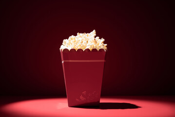 Caja llena de palomitas de maíz sobre fondo rojo. Concepto cine