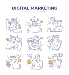 Digital online marketing. Use of social media, email, SEO and mobile apps to reach customers and sell products and services. Doodle vector illustrations set with characters to visualize concepts