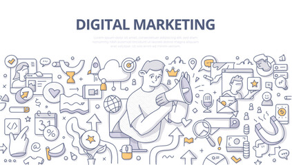 Digital marketing. Connecting with customers via digital channels: social media, email, search engine, text and multimedia messaging. Promoting products and services online. Doodle vector illustration