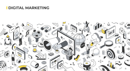 Digital marketing concept. Connecting with audience online to sell products and services with the Use of digital channels such as social media, email, SEO, mobile devices. Isometric illustration