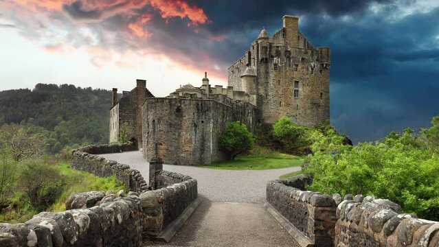 Time lapse, Eilean Donan Castle in Scotland at sunset, UK - Isle of Skye