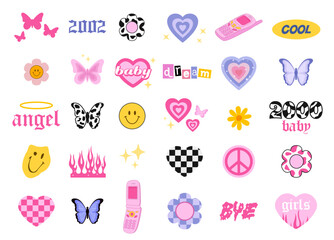 Y2k style icons. Glamorous trendy doodles set. 90s and 2000s style. Vector - obrazy, fototapety, plakaty