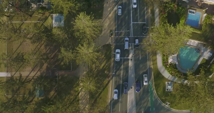 Aerial view of traffic with trees and buildings