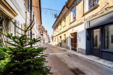 Main street with christmas decoration in Kranj , Slovenia