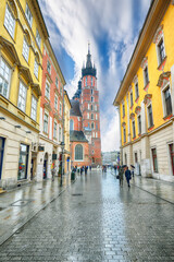 Fototapeta premium Astonishing cityscape of Krakow with St. Mary's Basilica on Main Square.