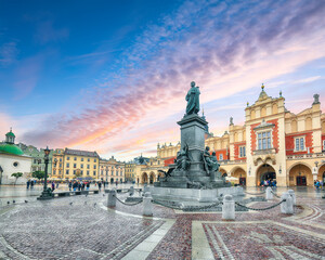 Astonishing cityscape of Krakow with Cloth Hall, Sukiennice and Townhouse tower on Main square.