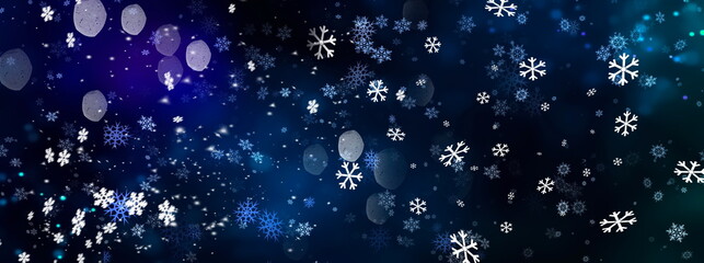 dark blue bokeh background with snow flakeas and star template banner copy space