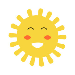 Cute cartoon sun character with kawaii face. Simple doodle yellow mascot isolated on white background. Flat hand drawn icon.