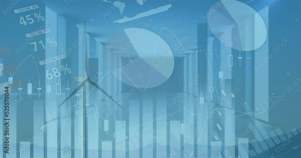 Poster Animation of statistics and data processing over wind turbine on wearing empty office