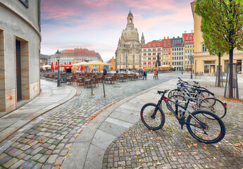 Fantastic view of  of Baroque church - Frauenkirche at Neumarkt square in downtown of Dresden. - obrazy, fototapety, plakaty
