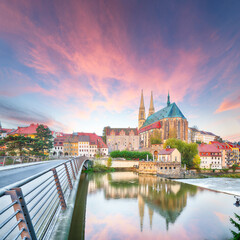 Colorful autumn cityscape of Gorlitz with parish church of St. Peter and Paul.