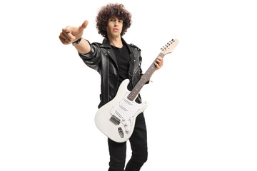 Rock musician in a black leather jacket with an electric guitar gesturing with fingers