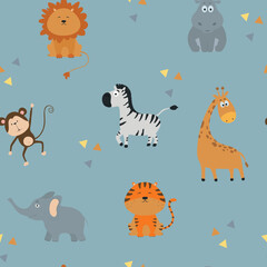 Jungle animals seamless pattern. Cute animals on blue background. Lion, zebra, monkey, hippo, tiger, giraffe, elephant