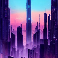 Cyberpunk neon city skyline at night, dark illustration perfect as wallpaper