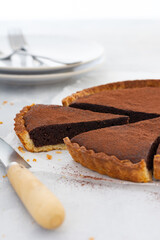 Serving slice of chocolate cake on white background