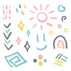 Doodle hand drawn shapes. Abstract symbols icon set isolated on white background. Kids drawing.