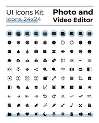 Photo and video editor tools black glyph ui icons set. Silhouette symbols on white space. Solid pictograms for web, mobile. Isolated vector illustrations. Montserrat Bold, Light fonts used