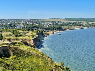 Beautiful view of the high bank of the Volga in the village of Kamskoye Ustye, Tatarstan, Russia