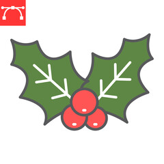 Christmas holly berry color line icon, holiday and decoration, holly berry christmas vector icon, vector graphics, editable stroke filled outline sign, eps 10.
