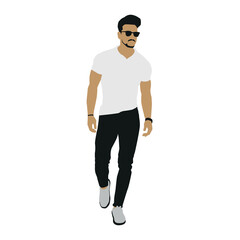 man walking pose with t-shirt and black pants, editable vector 