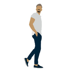man standing pose with white t-shirt and blue pants, editable vector 