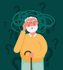 Alzheimer's memory loss due to Dementia and brain disease illustration. Old unhappy men trying to remember