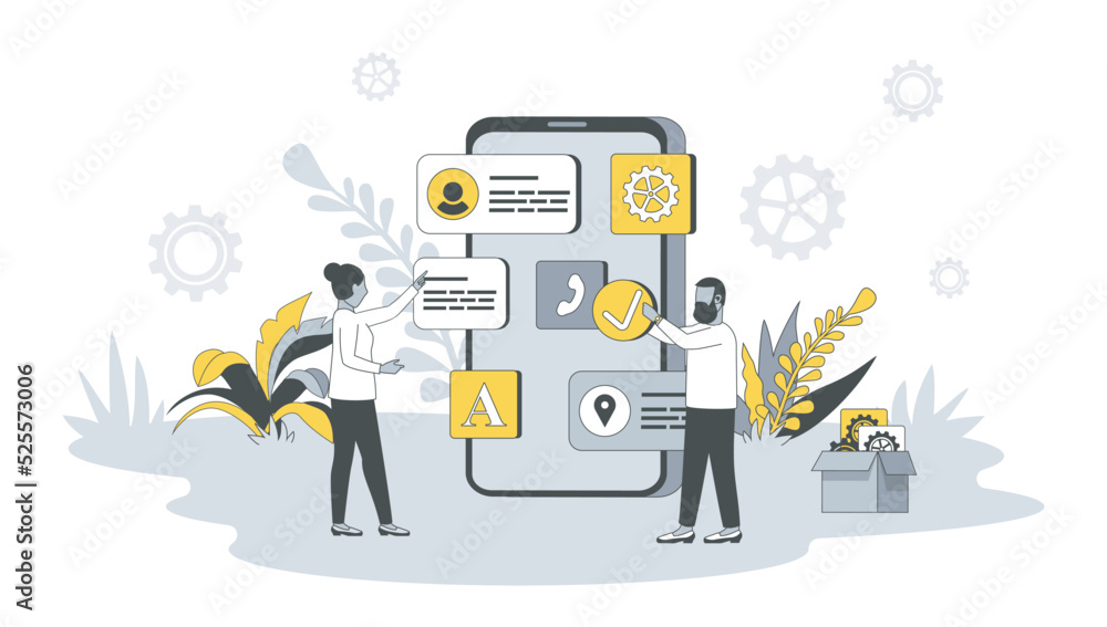 Poster App development concept in flat design with people. Man and woman place buttons on mobile interface layout, create and settings applications. Vector illustration with character scene for web banner