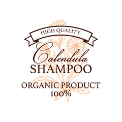 Hand drawn vintage calendula product logo design. Vector illustration in sketch style. Can be used for packaging