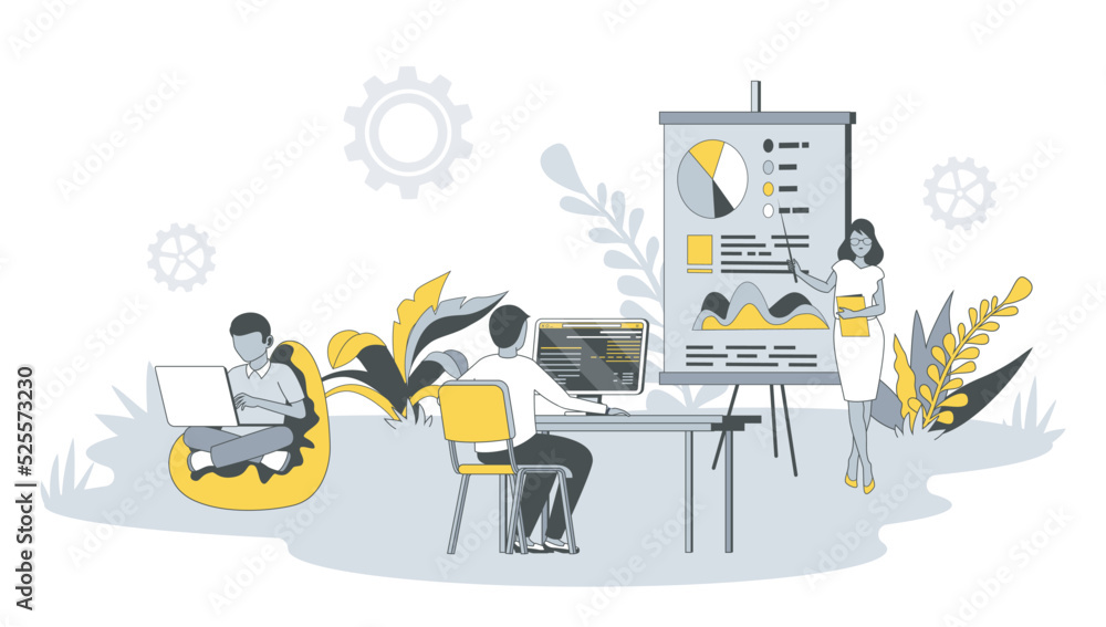 Poster coworking office concept in flat design with people. man and woman work on laptops or computers, dis