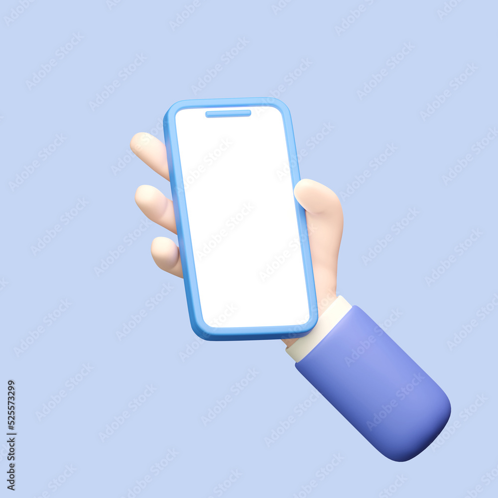 Poster 3d icon hand holding mobile phone with blank screen on blue background with clipping path. 3d render