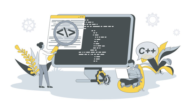 Computer programming concept in flat design with people. Man and woman write code and scripts, work with programming languages, create software. Vector illustration with character scene for web banner