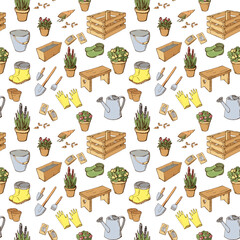 Colorful fun seamless pattern with flowerpots, pots, flower, garden tools, watering can, boots, shovels. Endless texture with hand drawn colored elements on white background. Vector illustration.