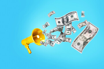 Dollar Money is flying in from the Golden yellow speaker on a blue background, a concept. Jackpot...