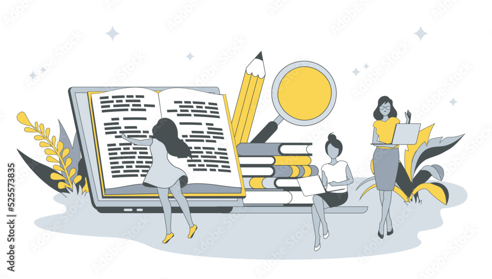 Aufkleber online education concept in flat design with people. women students reading books, learning lessons 