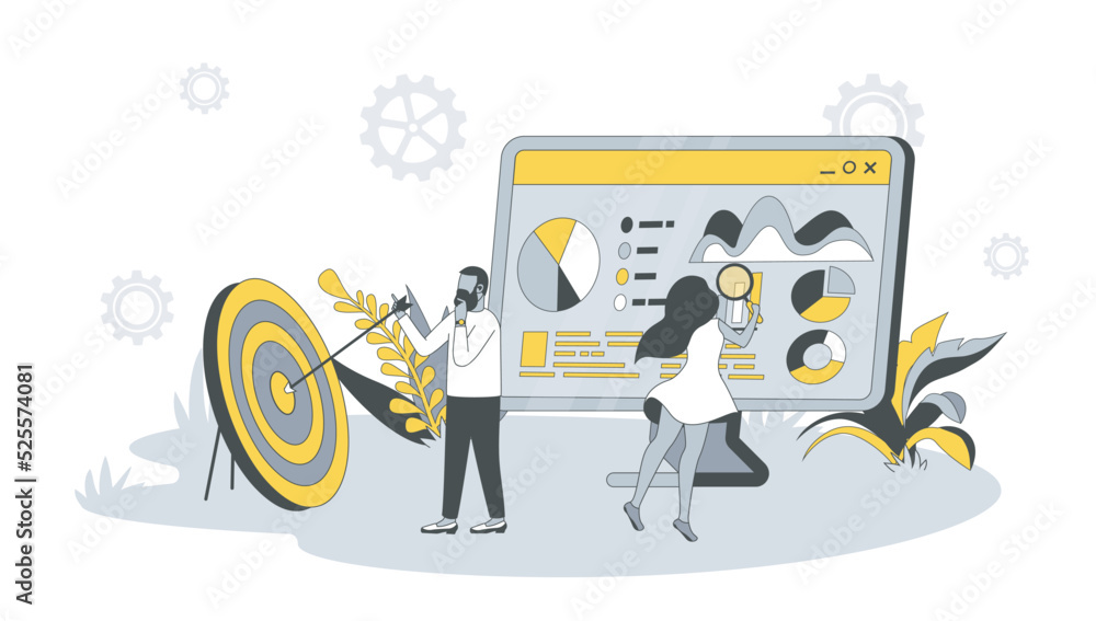 Poster seo optimization concept in flat design with people. man and woman analyze data and keywords, optimi