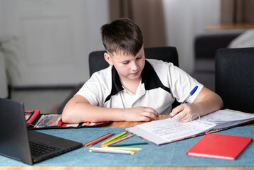 Caucasian young boy concentrated on doing his homework