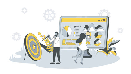 SEO optimization concept in flat design with people. Man and woman analyze data and keywords, optimizes for popular queries, settings site. Vector illustration with character scene for web banner